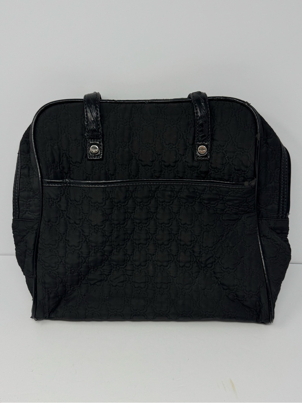 Thirty-One Black Quilted Tote Bag Zip Closure Striped Lining w/ Outer Pockets